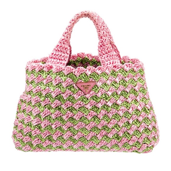 Prada Pink and Green Raffia Tote - Picture 3 of 8